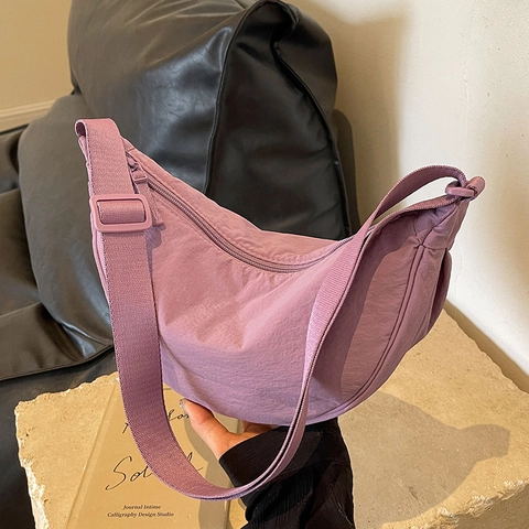 Borsa Hobo Mezzaluna Donna Grande Capacità Nylon Tessuto Tracolla Pieghettata Casual Minimalista Regolabile
