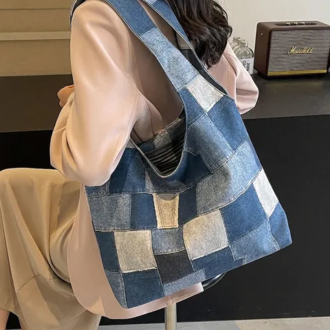 Borsa Tote Patchwork In Denim Vintage Grande Capacità Borsa A Spalla In Tela Borsa In Stile Retrò Casual Per Donne Studentesse