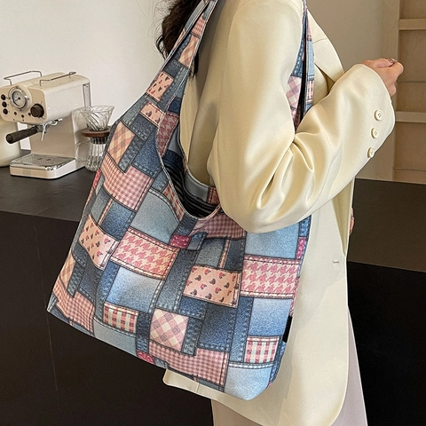 Borsa Tote Patchwork In Denim Vintage Grande Capacità Borsa A Spalla In Tela Borsa In Stile Retrò Casual Per Donne Studentesse