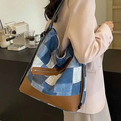 Patchwork Tote Bag Denim Canvas Und PU Leder Große Kapazität Vintage Casual Schulter Rucksack Für Frauen Studenten