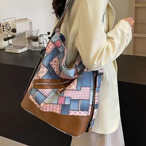 Patchwork Tote Bag Denim Canvas Und PU Leder Große Kapazität Vintage Casual Schulter Rucksack Für Frauen Studenten