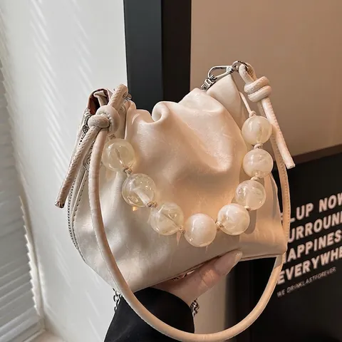 Women Pleated Bucket Bag PU Leather Unique Bead Handle Cloud Design Crossbody Handbag With Metal Chain Strap Style
