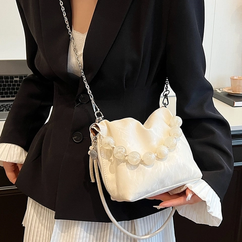 Women Pleated Bucket Bag PU Leather Unique Bead Handle Cloud Design Crossbody Handbag With Metal Chain Strap Style