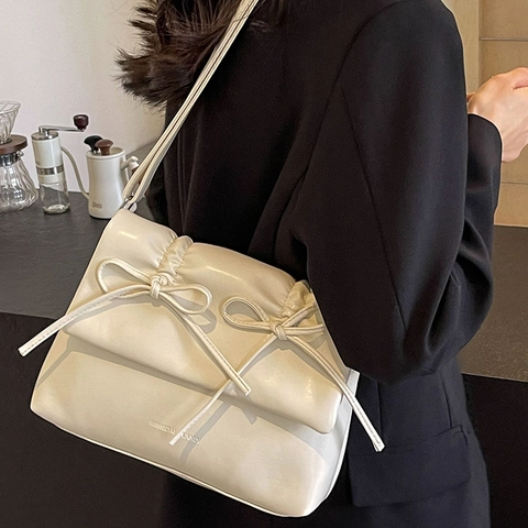 Elegant Ruched PU Leather Bow Handbag For Women Sweet Ribbon Decorative Shoulder Bag Versatile Daily Square Crossbody Bag