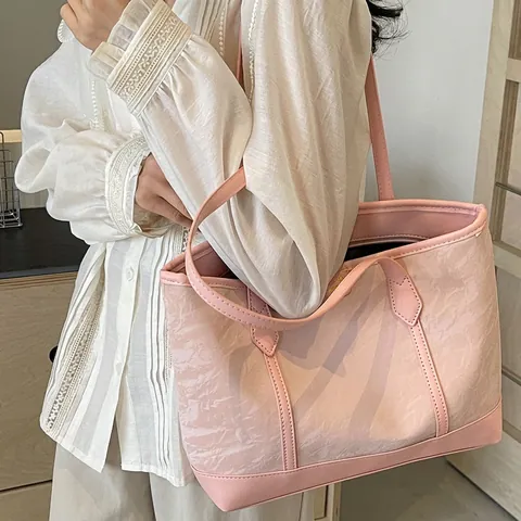 Pleated Texture Tote Bag For Women PU Leather Large Capacity Shoulder Bag Casual Commuter Handbag Versatile Elegant
