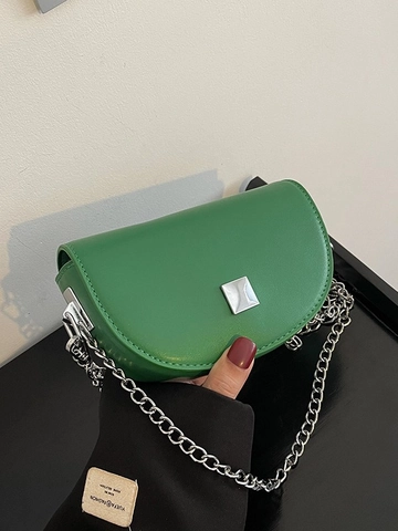 Women Mini Saddle Crossbody Bag PU Leather Half Moon Shape Silver Chain Strap Square Metal Buckle Vintage Minimalist