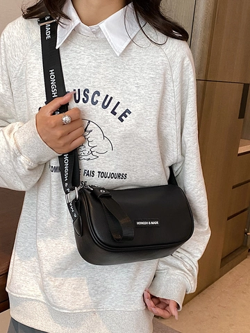 Women Crossbody Shoulder Bag PU Leather Wide Letter Print Strap Litchi Texture Small Square Trendy Minimalist Purse