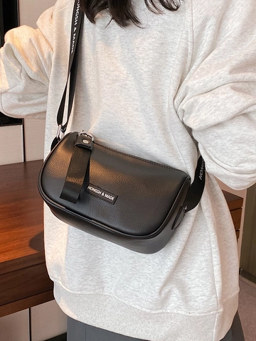 Women Crossbody Shoulder Bag PU Leather Wide Letter Print Strap Litchi Texture Small Square Trendy Minimalist Purse