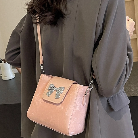 Women Bucket Bag PU Leather Bow Metallic Decor Crossbody Shoulder Mini Square Fashion Versatile Handbag