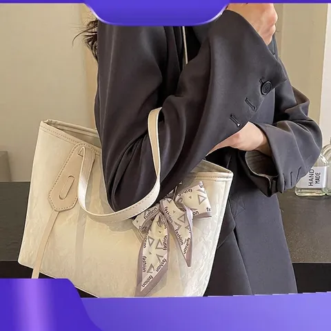 Women Large Capacity Tote Bag Crinkled PU Leather Shoulder Handbag With Decorative Scarf Retro Casual Style