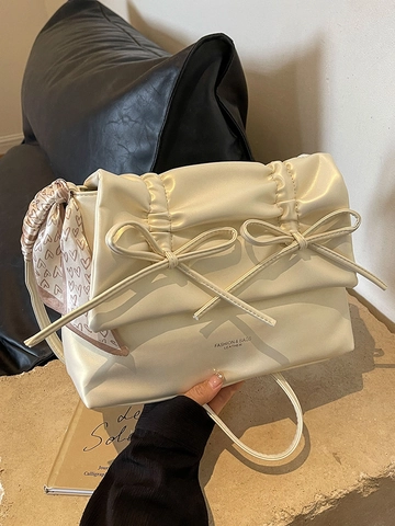 Damen Schultertasche Große Kapazität PU Leder Falten Design Schleife Dekoration Herz Schal Pendeln Tote