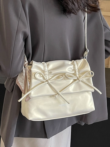 Damen Schultertasche Große Kapazität PU Leder Falten Design Schleife Dekoration Herz Schal Pendeln Tote