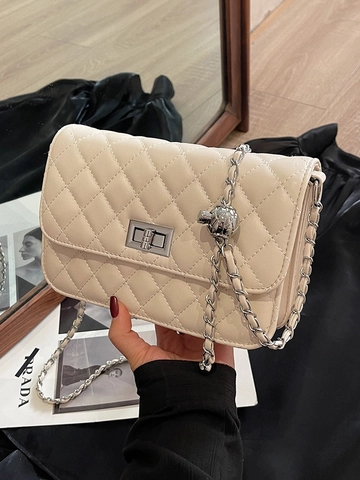 Women Quilted Small Square Bag PU Leather Chain Strap Adjustable Metal Ball Twist Lock Versatile Shoulder Crossbody