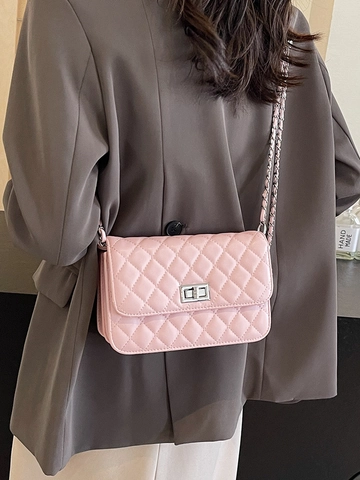 Women Quilted Small Square Bag PU Leather Chain Strap Adjustable Metal Ball Twist Lock Versatile Shoulder Crossbody