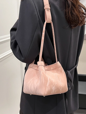 Women Bucket Bag Shiny PU Leather Wrinkled Marble Texture Crossbody Shoulder Handbag Small Mini Elegant Fashion