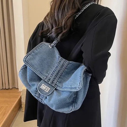 Women Denim Shoulder Bag Large Capacity Retro Washed Denim Tote With Silver Chain Strap And Twist Lock