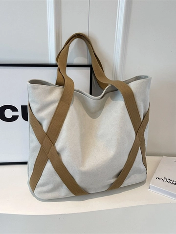 Large Capacity Canvas Tote Bag For Women Contrast Color Minimalist Shoulder Handbag Casual Commuter Bag Streetwear Style
