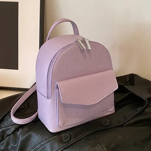 Mini Mochila Para Mujer Cuero PU Texturizado Casual Moda Viaje Mochila De Día Bolsillo Frontal Con Solapa Cremallera Correa Ajustable