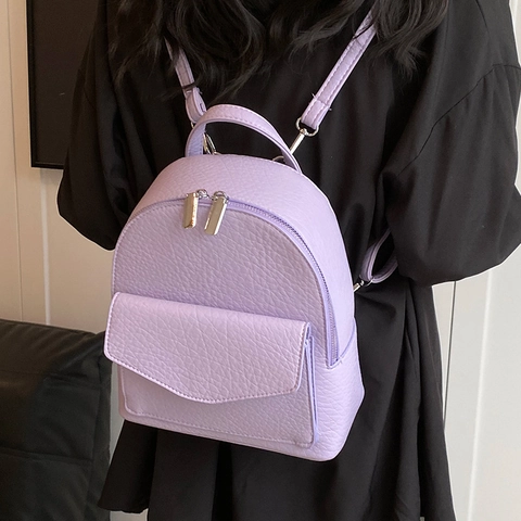 Mini Mochila Para Mujer Cuero PU Texturizado Casual Moda Viaje Mochila De Día Bolsillo Frontal Con Solapa Cremallera Correa Ajustable