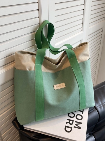 Bolso Tote De Lona De Gran Capacidad Color De Contraste Bolso De Hombro Informal Simple Para Mujeres Estudiantes Uso Diario Minimalista