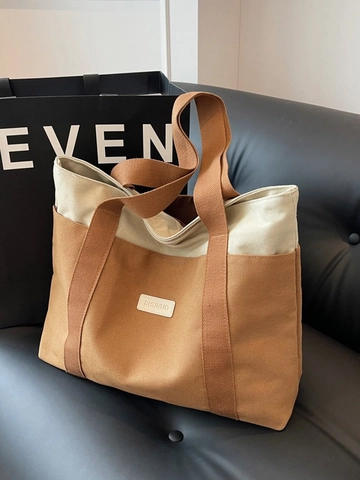 Bolso Tote De Lona De Gran Capacidad Color De Contraste Bolso De Hombro Informal Simple Para Mujeres Estudiantes Uso Diario Minimalista