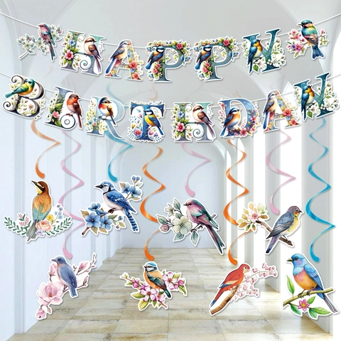 Festa Di Compleanno A Tema Uccelli Banner Happy Birthday E Spirali Appese Fiore Primavera Carta PVC Arredo Interno Esterno