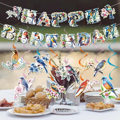 Festa Di Compleanno A Tema Uccelli Banner Happy Birthday E Spirali Appese Fiore Primavera Carta PVC Arredo Interno Esterno