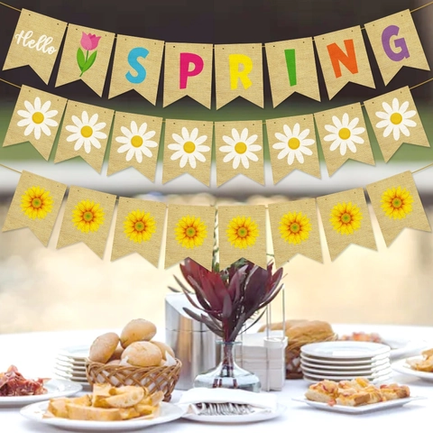 Λινάτσα Πανό Hello Spring Γιρλάντα Μαργαρίτα Ηλίανθος Τουλίπα Ρουστίκ Διακόσμηση Για Κήπο Πάρτι Γενεθλίων