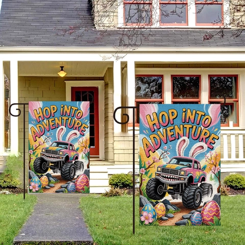 Easter Garden Flag Burlap Monster Truck Bunny Ears Hop Into Adventure Outdoor Yard Decoration Spring Floral