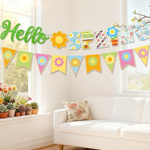 Hello Spring Banner Girlande Karton Papier Blumen Partydekoration Geburtstagsfeier Ostern Dekor Bunte Papiergirlande