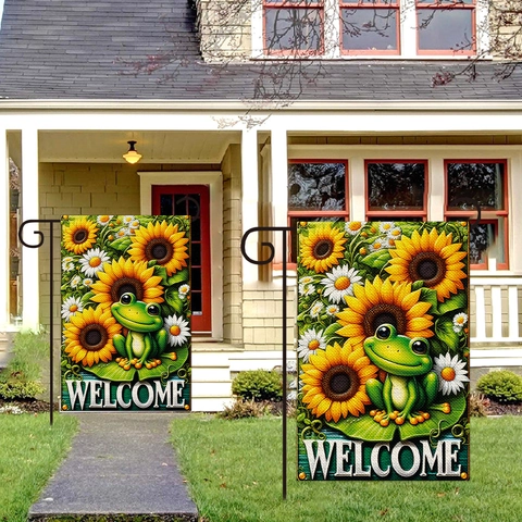 Bandera Da Giardino Lino Segnale Benvenuto Decorazione Esterna Rana Cartone Animato Girasole Primavera
