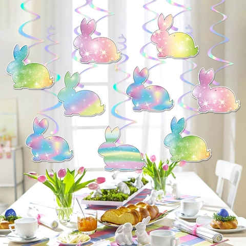 Decorazione Spirali Appese Coniglietto Di Pasqua Olografico Glitter Cartone PVC Ornamenti Da Soffitto Festa