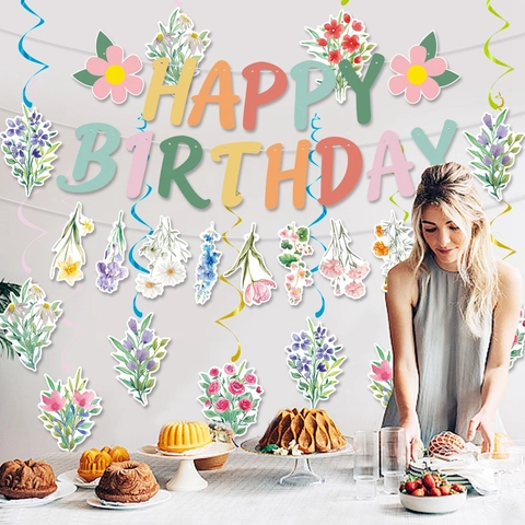 Banner Buon Compleanno Fiori Acquerello E Decorazioni Spirali Pendenti Carta Cartone PVC Per Festa In Giardino Primavera