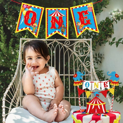 Banner De Primer Cumpleaños De Circo Carnaval Y Adorno Para Pastel Papel Brillante Animal Dibujos Animados Letra ONE
