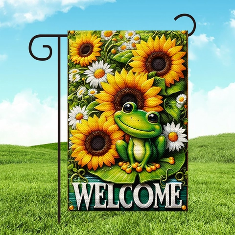 Bandera Da Giardino Lino Segnale Benvenuto Decorazione Esterna Rana Cartone Animato Girasole Primavera