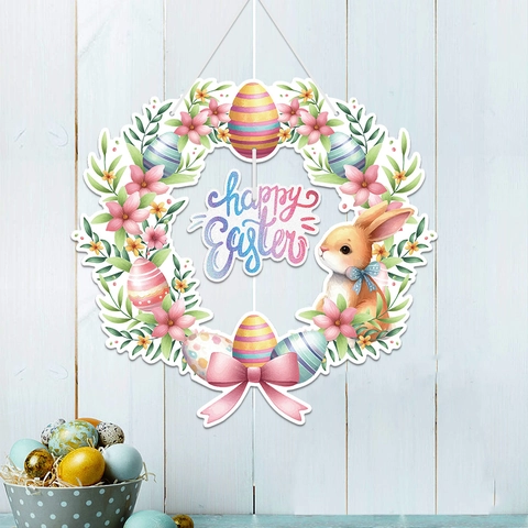 Buona Pasqua Coniglio Decorazione Porta Corona Carta Uova Colorate Fiori Decorazione Festa Festival Casa