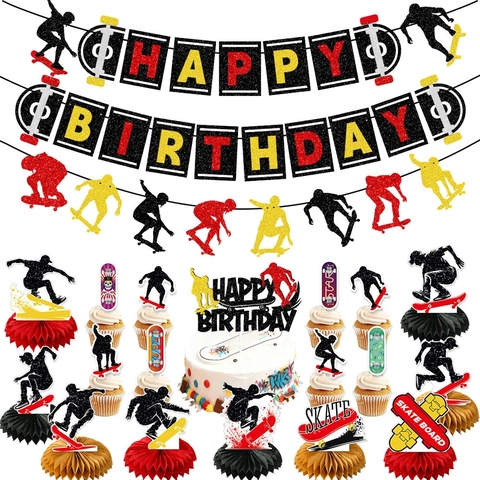 Skateboard Birthday Party Decorations Glitter Cardstock Banner Cake Toppers Honeycomb Centerpieces Hanging Swirls Sporty Boys