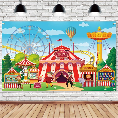 Circus Carnival Party Backdrop Banner Polyester Amusement Park Theme Photography Background Kids Birthday Decoration