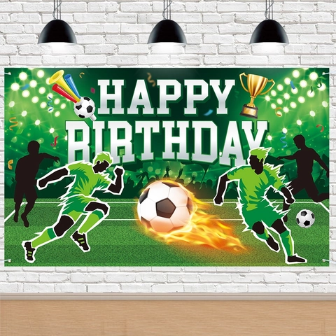 Soccer Birthday Party Backdrop Happy Birthday Banner Polyester Fabric Sports Theme Decoration Green Athletic Athlete