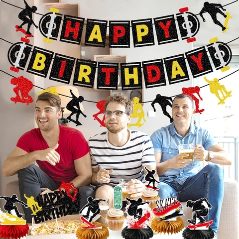 Skateboard Birthday Party Decorations Glitter Cardstock Banner Cake Toppers Honeycomb Centerpieces Hanging Swirls Sporty Boys