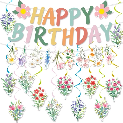 Banner Buon Compleanno Fiori Acquerello E Decorazioni Spirali Pendenti Carta Cartone PVC Per Festa In Giardino Primavera