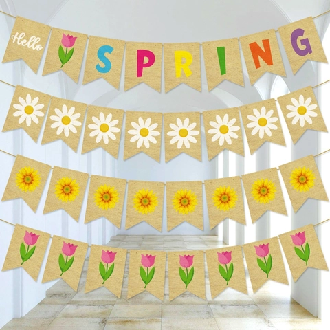 Λινάτσα Πανό Hello Spring Γιρλάντα Μαργαρίτα Ηλίανθος Τουλίπα Ρουστίκ Διακόσμηση Για Κήπο Πάρτι Γενεθλίων