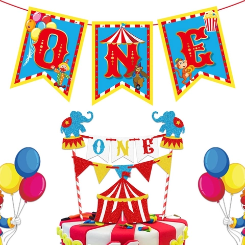 Banner De Primer Cumpleaños De Circo Carnaval Y Adorno Para Pastel Papel Brillante Animal Dibujos Animados Letra ONE