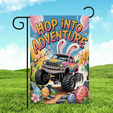 Easter Garden Flag Burlap Monster Truck Bunny Ears Hop Into Adventure Outdoor Yard Decoration Spring Floral