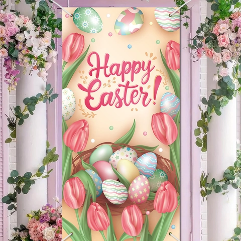 Frohe Ostern Türbanner Polyester Hintergrund Blumendruck Ei Party Dekoration Hängeschild Für Veranda Haus Garten