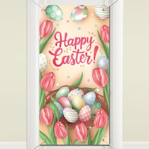 Frohe Ostern Türbanner Polyester Hintergrund Blumendruck Ei Party Dekoration Hängeschild Für Veranda Haus Garten