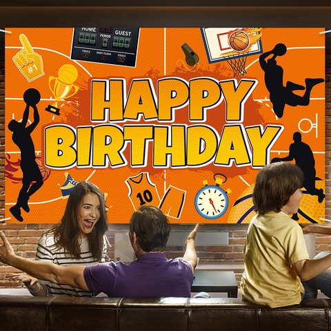Basketbal Thema Happy Birthday Achtergrond Polyester Sport Elementen Party Decoratie Banner Foto Rekwisieten