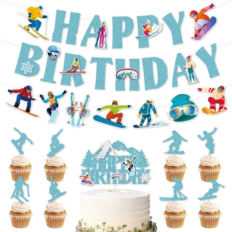 Decorazioni Per Feste Di Compleanno Tema Sci Banner In Carta Luccicante Topper Per Torta Sport Invernali