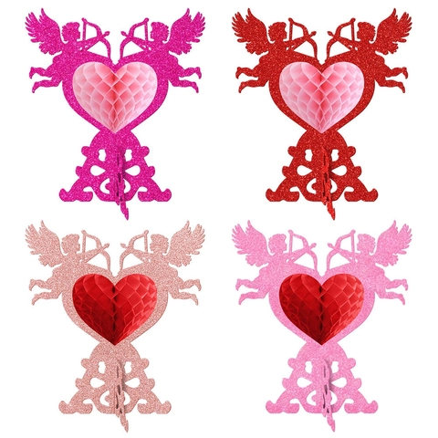 Valentine Day Honeycomb Centerpiece Cupid Heart Glitter Paper Desktop Decorations For Wedding Anniversary Romantic Party Table Decor
