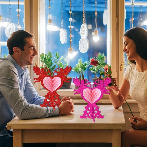Valentine Day Honeycomb Centerpiece Cupid Heart Glitter Paper Desktop Decorations For Wedding Anniversary Romantic Party Table Decor